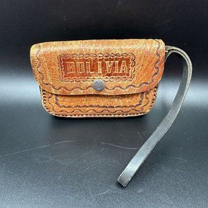 Tooled Leather Wristlet Bolivia Inca Design Handmade Vintage Wallet Clutch